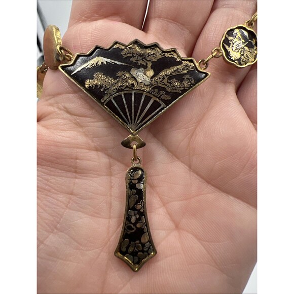 Vintage Amita Damascene Fan Link 3 Piece Set 24k Gold Plated Japan Full Parure - Picture 12 of 14